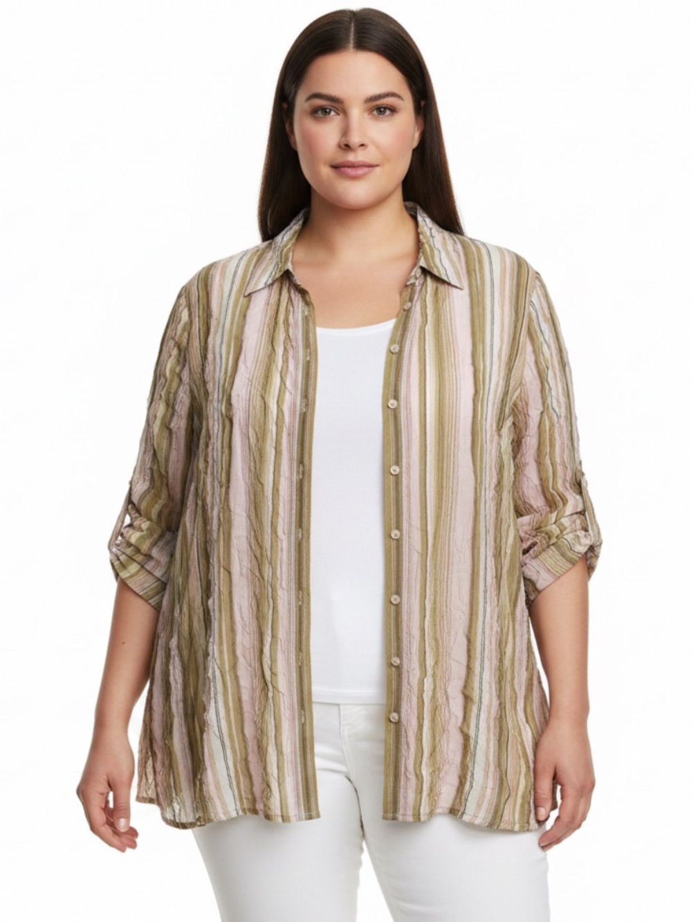 Avenue Striped Button-Down Crinkled Blouse Top in Beige and Cream Plus Size